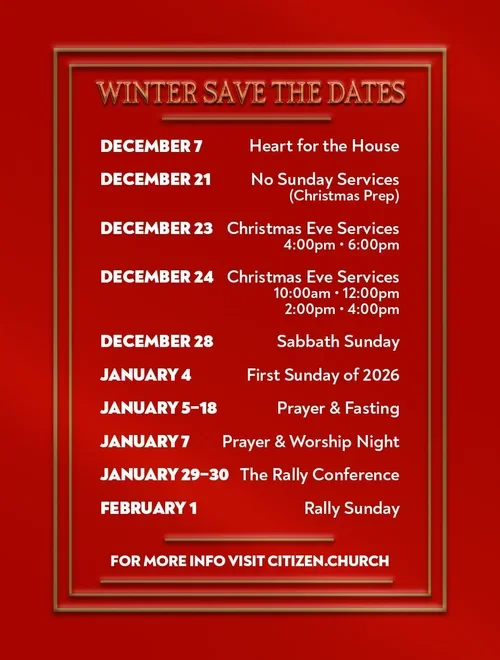 Winter event schedule with dates and descriptions for church activities, including Christmas services, prayer, fasting, and conference, on a red background.