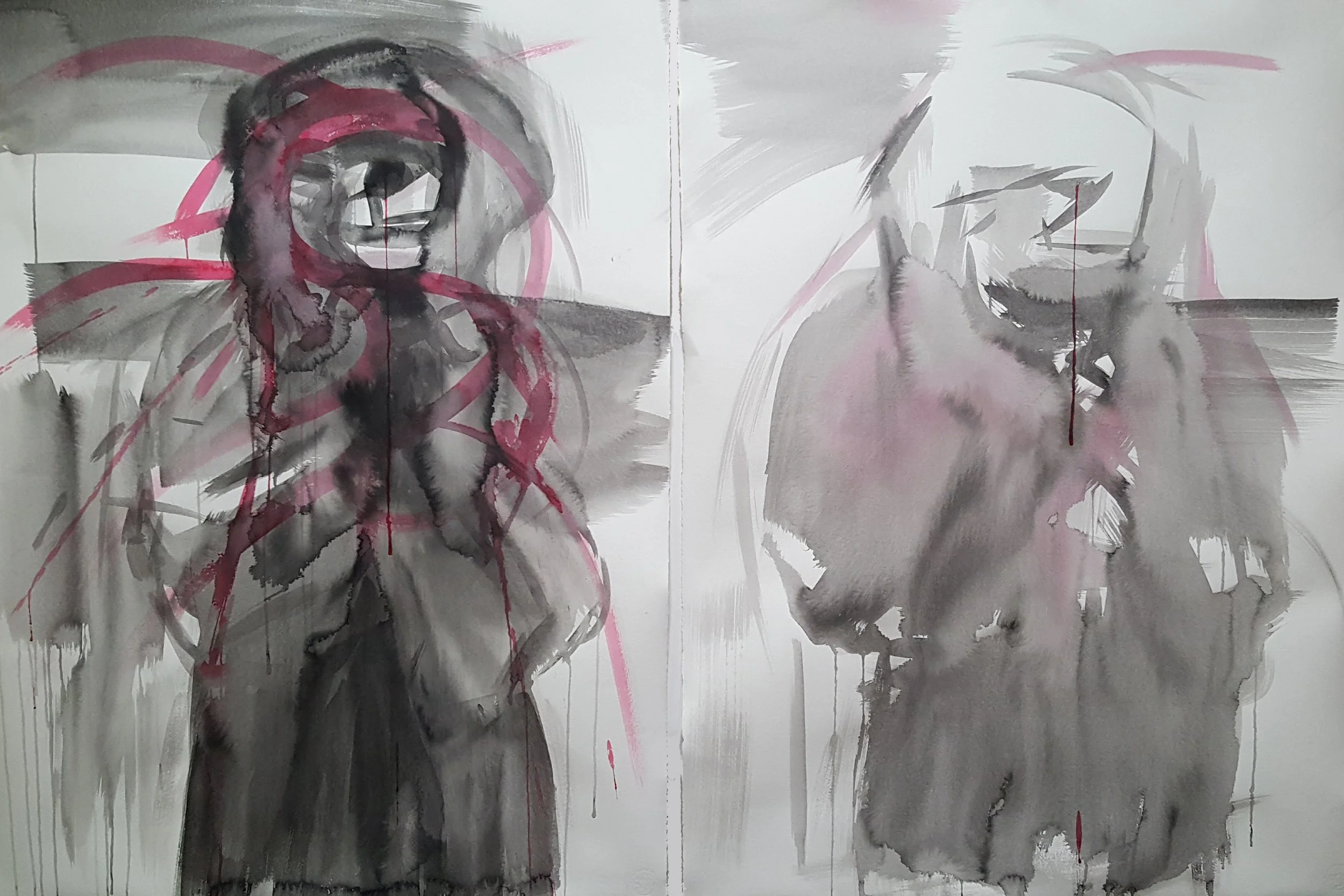Bleeding Apparitions (diptych), ink on paper, 214 x 78 cm, 2022.