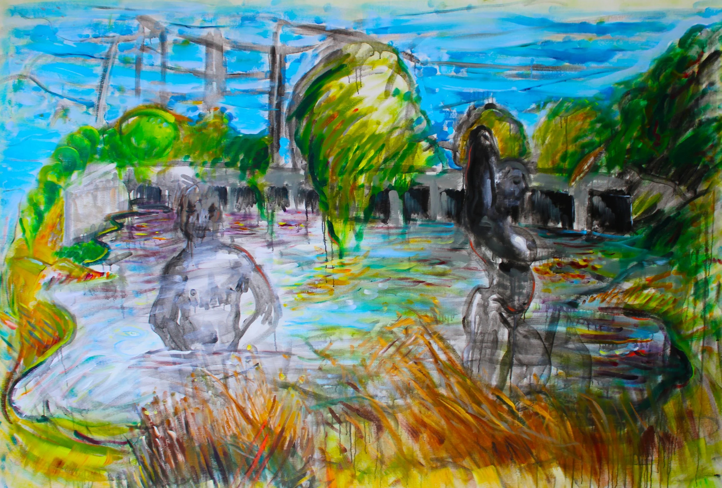Echoes of Eden (Footscray Wetlands), acrylic and oil on jute, 200 x 142cm, 2025.