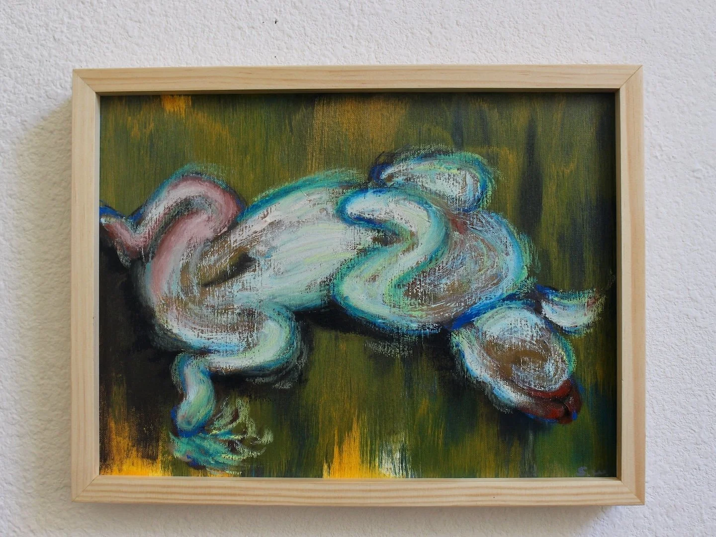 Bagel Sleeping No. 2, acrylic, oil sticks on canvas, 15 x 19 x 2.5 in, 2026