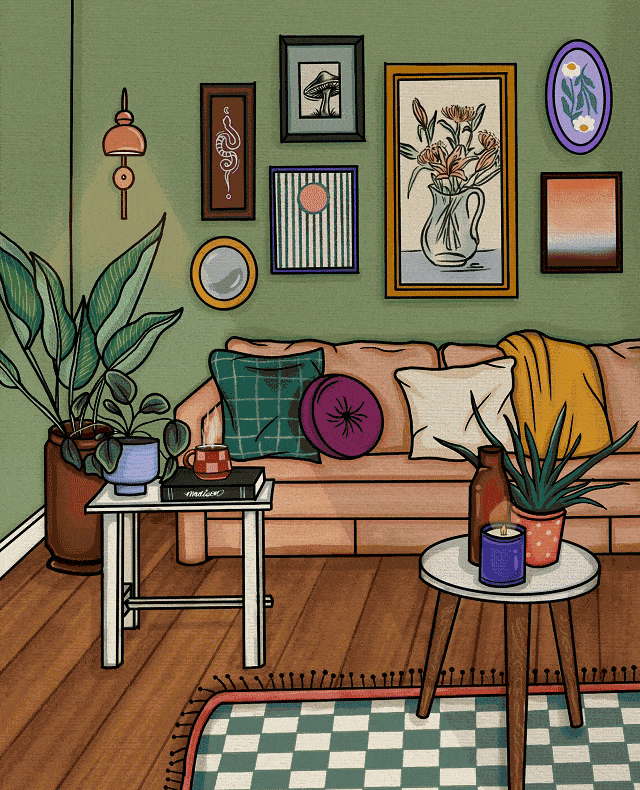 Cozy living room with a peach sofa, various throw pillows, and framed wall art, including botanical and abstract prints. Green walls, wooden flooring, indoor plants, a side table with a coffee cup, and a round table with a potted plant and a candle.