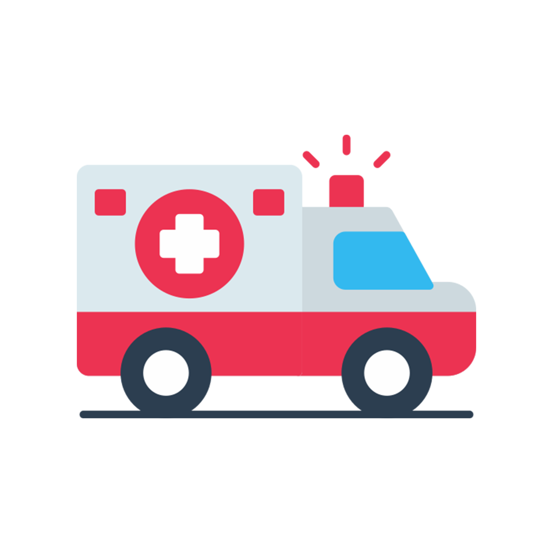 Flat design medical ambulance with a red cross symbol and light bar on top, facing right.