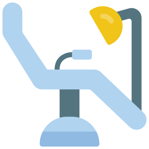 A modern dental chair with a light blue seat and a yellow overhead light.