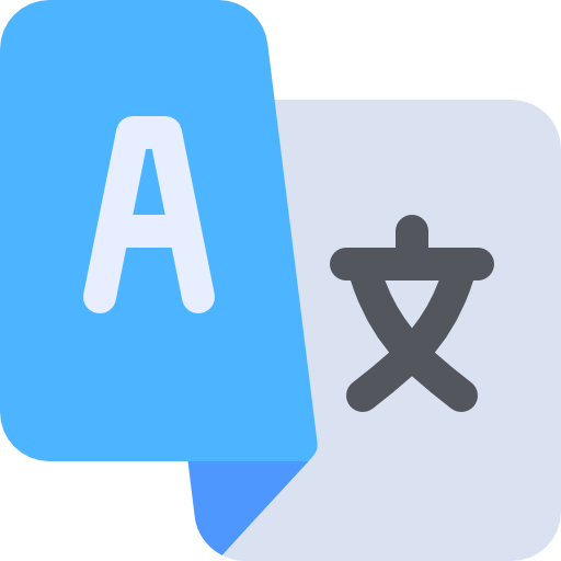 Illustration of language translation with an 'A' and a Chinese character on overlapping cards.