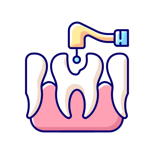 Toothbrush and water flowing onto three teeth on pink gums.