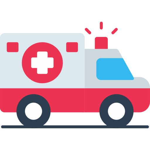 Icon of a hospital ambulance with a red cross, red emergency light, and blue windows.