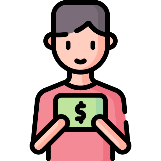 Cartoon of a person holding a green dollar bill with a dollar sign.