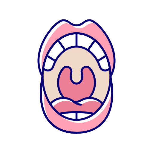 Cartoon open mouth with tongue and teeth visible, pink lips, and a beige tongue inside.