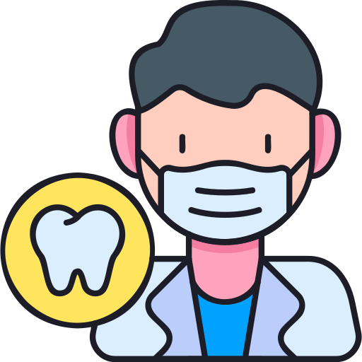 Cartoon of a male dentist wearing a face mask and coat, with a tooth symbol next to him.