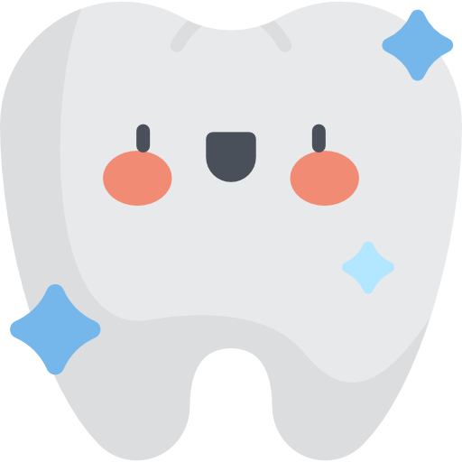 Cute cartoon tooth character with a smiling face, rosy cheeks, and blue sparkles.