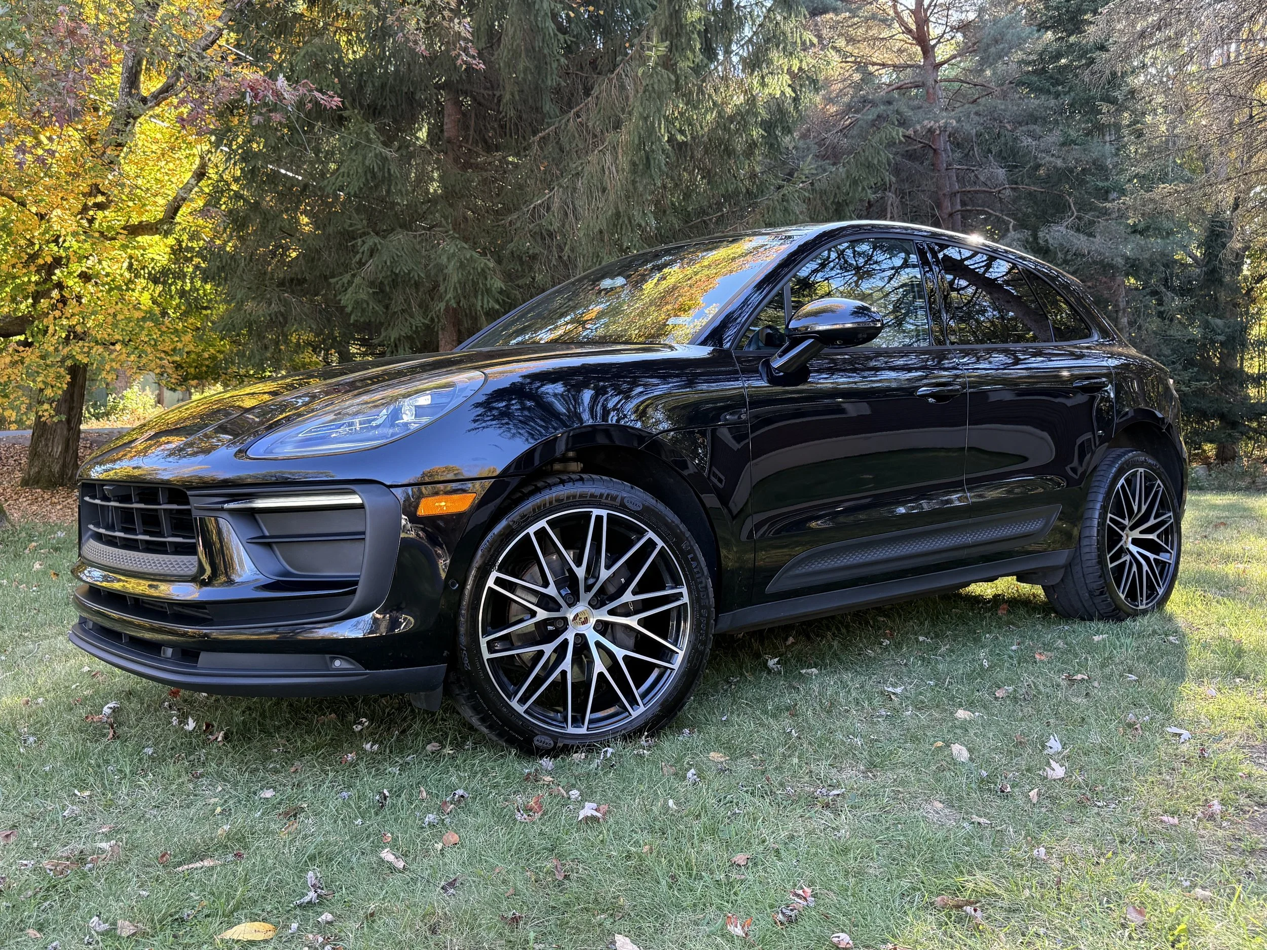 Black Porsche SUV parked on grass in front of trees with green and yellow leaves.