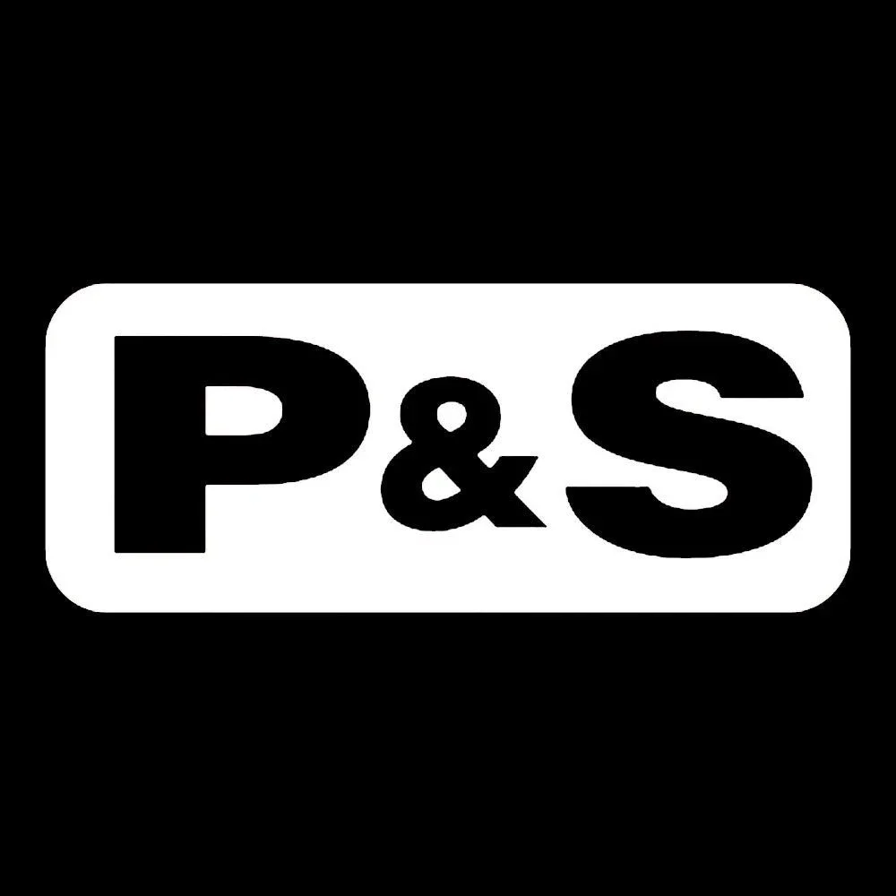 Black and white logo with the text "P & S" inside a rounded rectangle