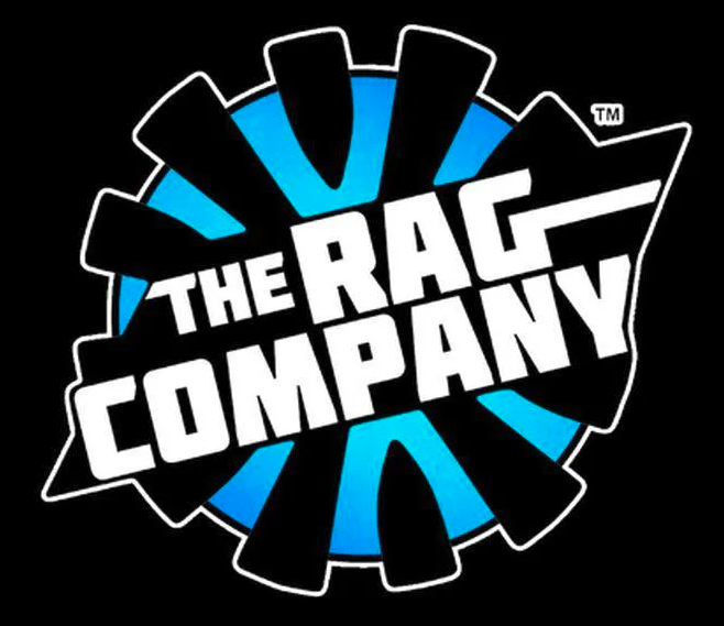 Logo for The Rag Company featuring a black background, a blue circle, and black tire tread-like design with raised blue and black rubber pieces. Text in white reads "The Rag Company".