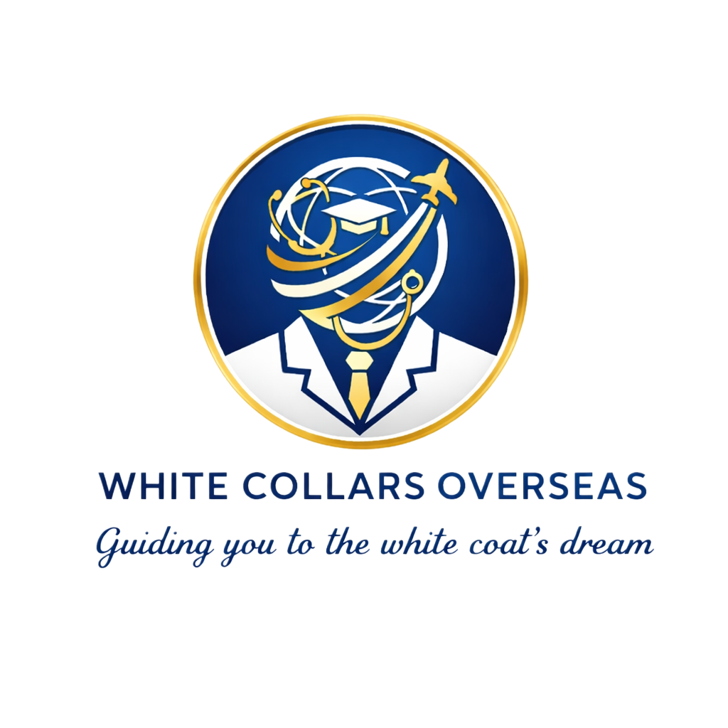 Logo for White Collars Overseas featuring a stylized image of a person in a suit with a globe, airplane, and graduation cap around the head, with the tagline 'Guiding you to the white coat's dream'.