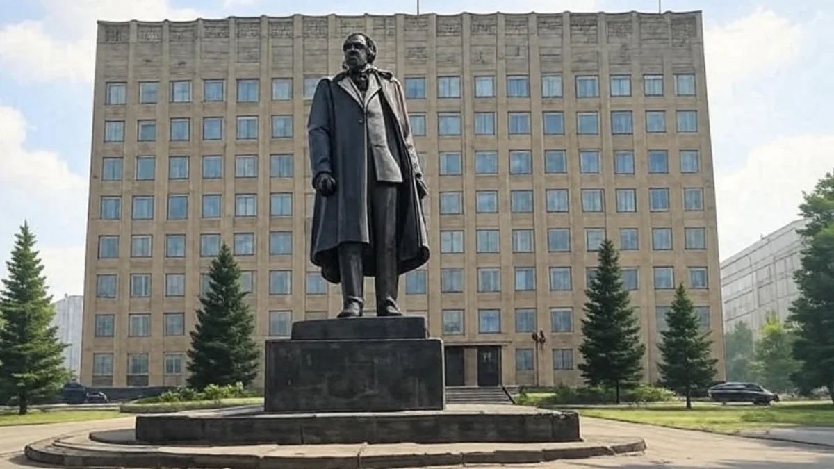 Statue of a man in a coat and tie standing on a pedestal in front of a large rectangular building, with trees and cars nearby.