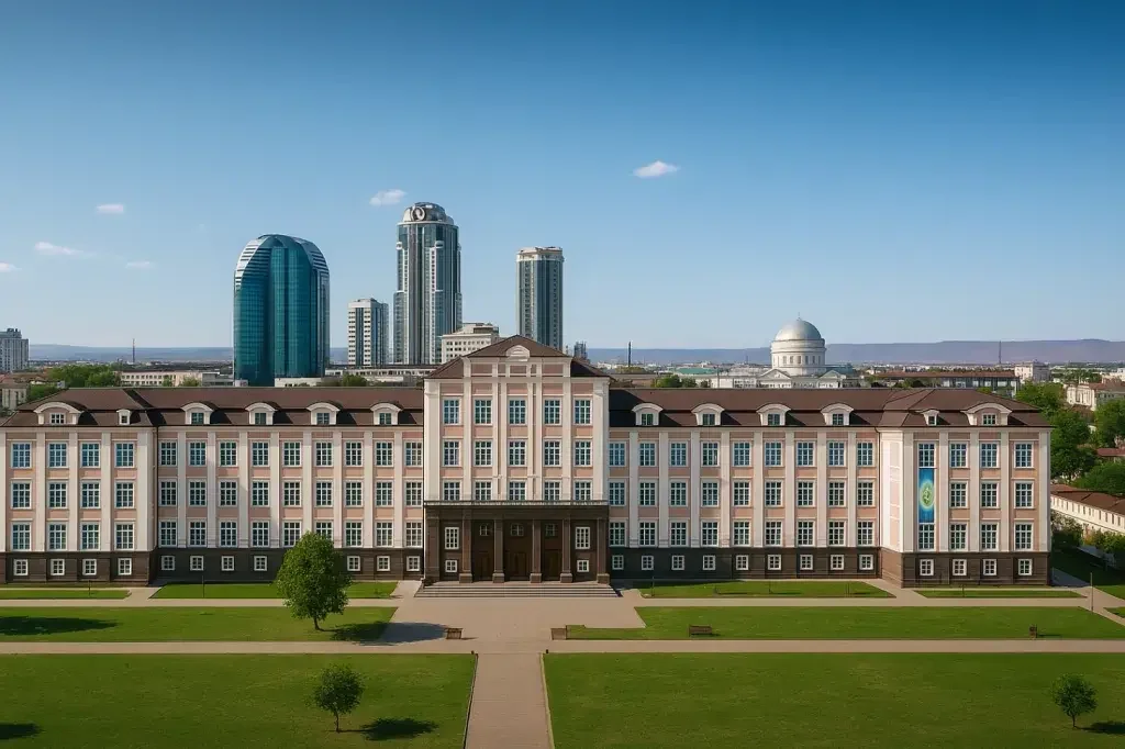 A large historic building with a brown roof and multiple windows, set on a green lawn with trees, with a modern city skyline with tall skyscrapers and a domed building in the background.