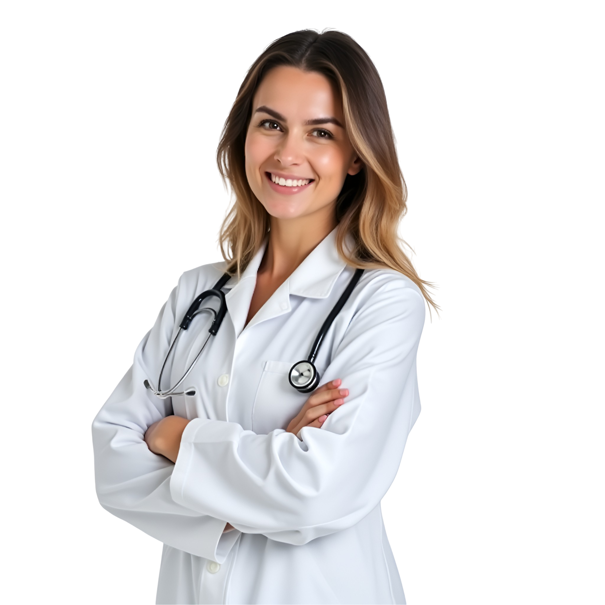 A smiling female doctor with shoulder-length wavy hair, wearing a white coat and stethoscope, standing with arms crossed.