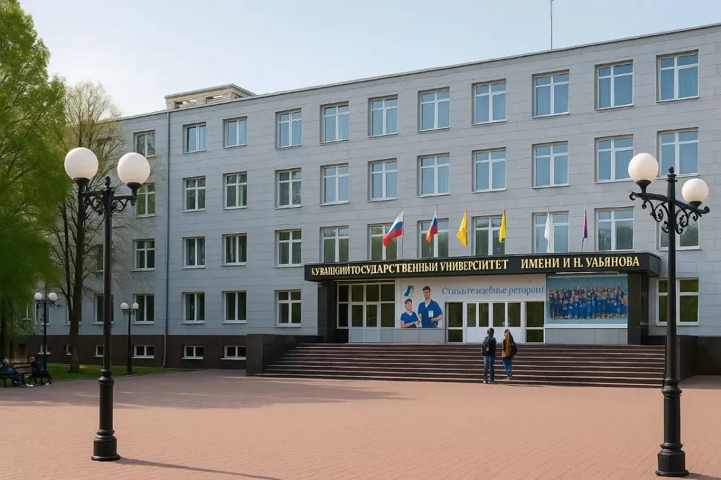 Front view of a university building with flags, stairs, and a few people outside.