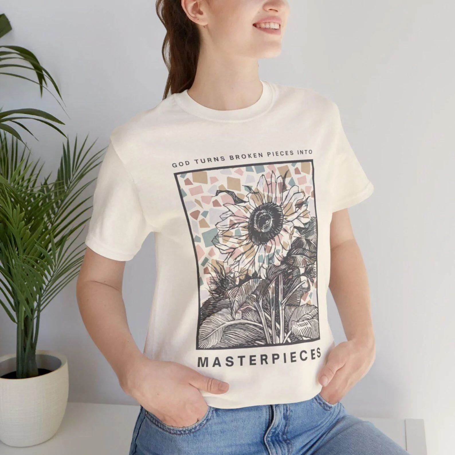 Mosaic Floral Christian T-Shirt: God Turns Broken Pieces into Masterpiece