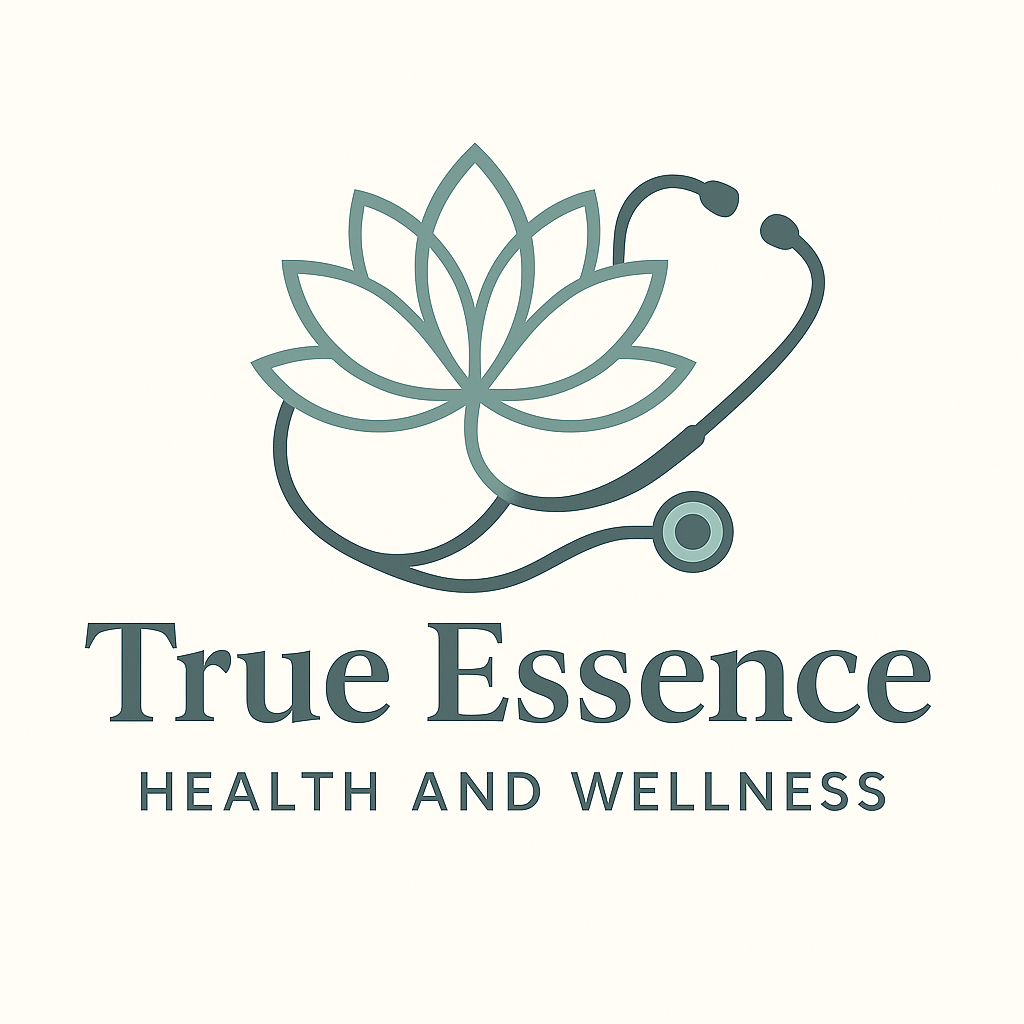 A logo with a lotus flower and stethoscope, with the text "True Essence" and "Health and Wellness" below.