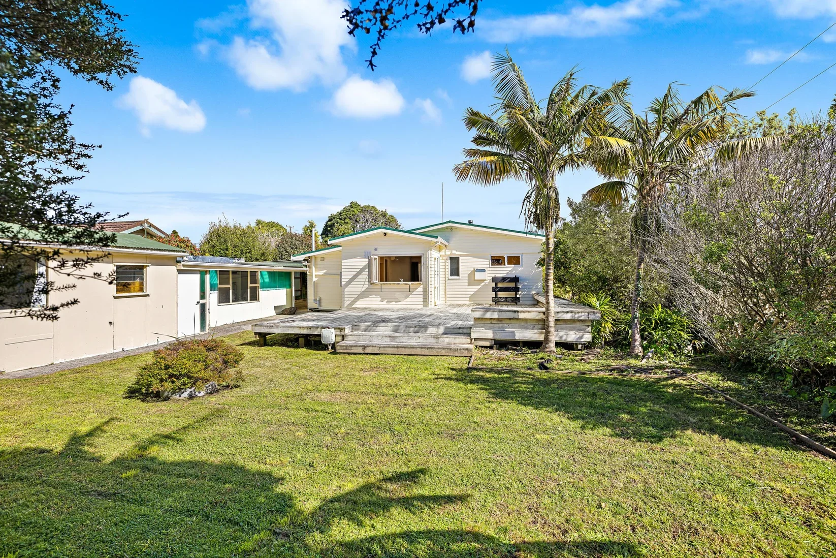 A backyard in Point Wells, Auckland with a grassy lawn, a raised wooden deck, two tall palm trees, and a white house with a porch under a blue sky with scattered clouds.