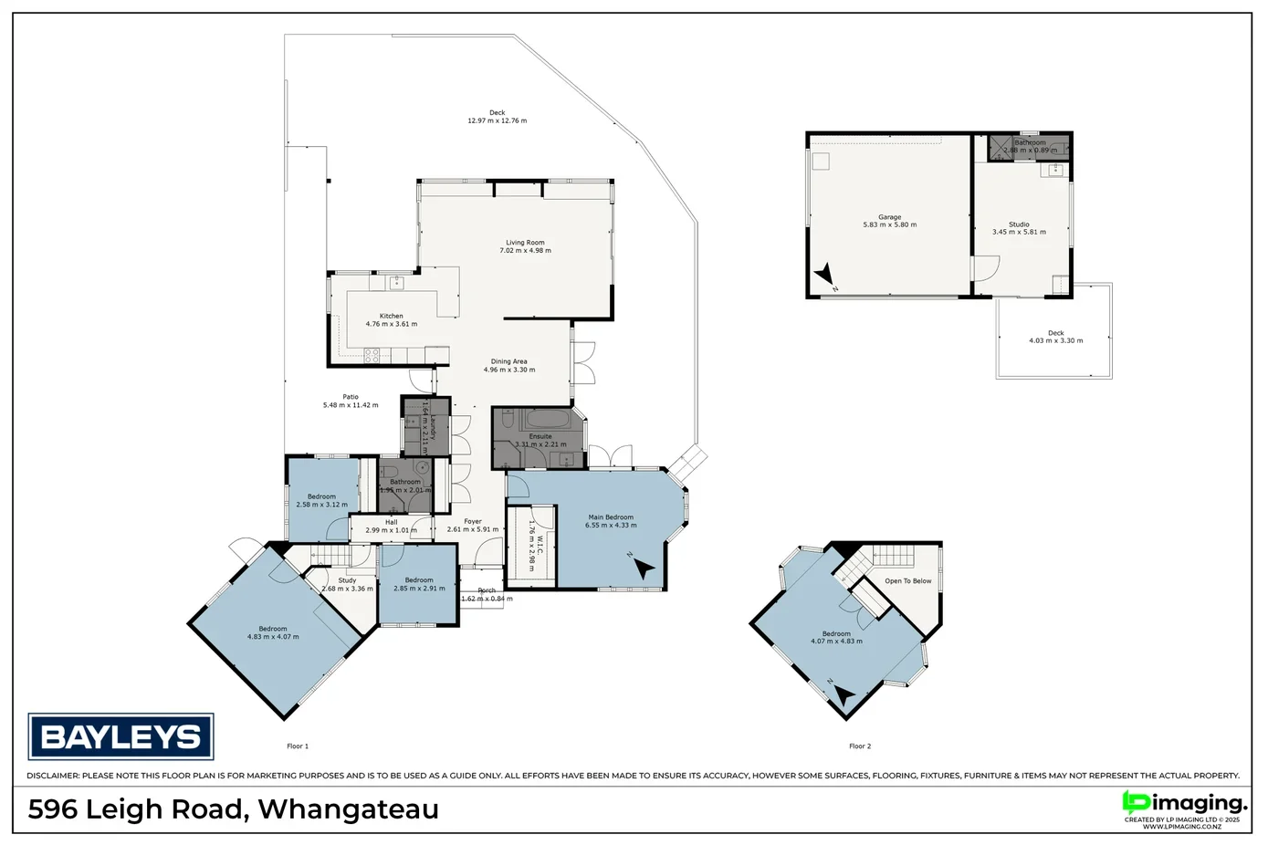 Floor plan of a house at 596 Leigh Road, Whangateau, showing rooms, dimensions, and outdoor decks, by Bayleys.
