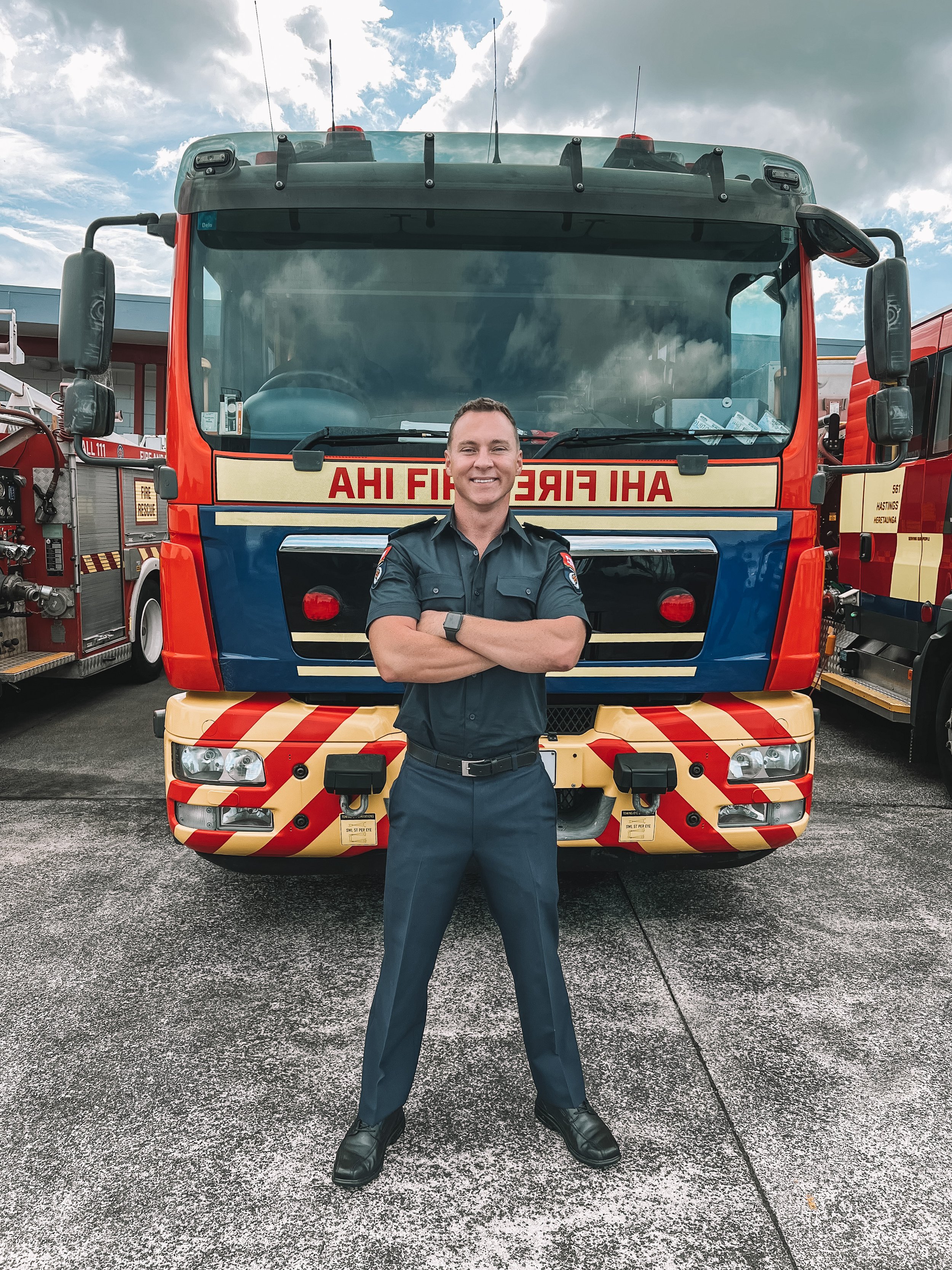 Christian Newman pictured with Matakana Fire Truck