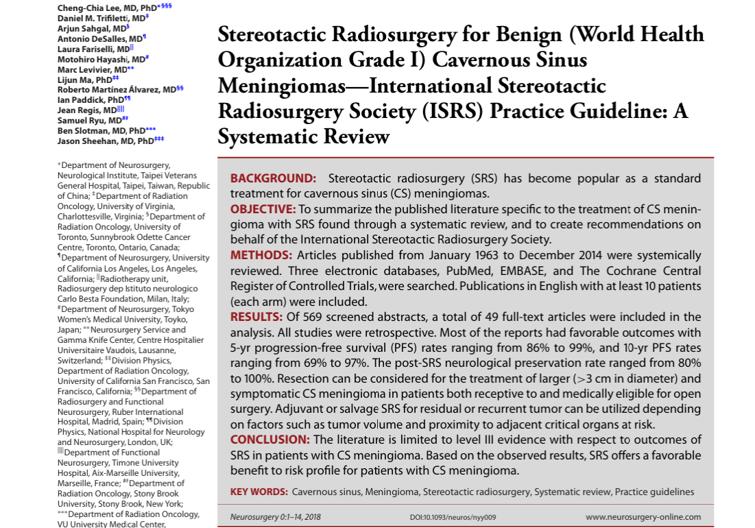 The image shows a scientific article titled "Stereotactic Radiosurgery for Benign (World Health Organization Grade I) Cavernous Sinus Meningiomas—International Stereotactic Radiosurgery Society (ISRS) Practice Guideline: A Systematic Review." The text includes sections for background, objective, methods, results, conclusion, and keywords, along with the list of authors and their affiliations.