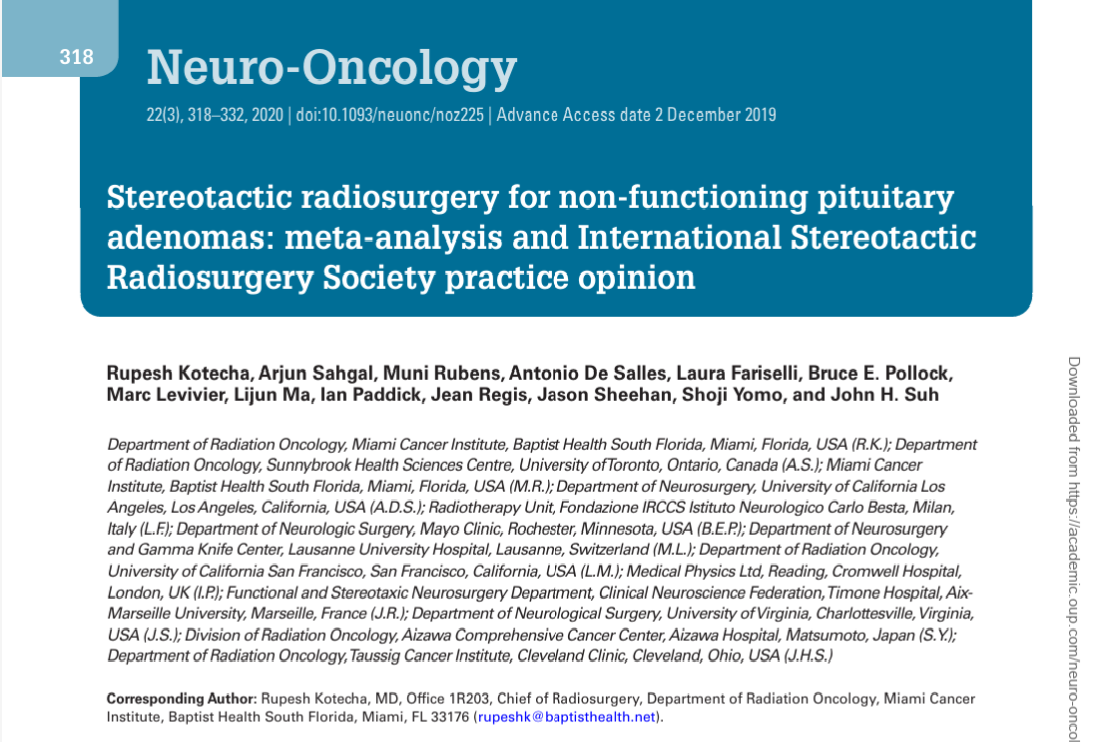 Cover page of a scientific journal article titled 'Neuro-Oncology', discussing stereotactic radiosurgery for non-functioning pituitary adenomas.