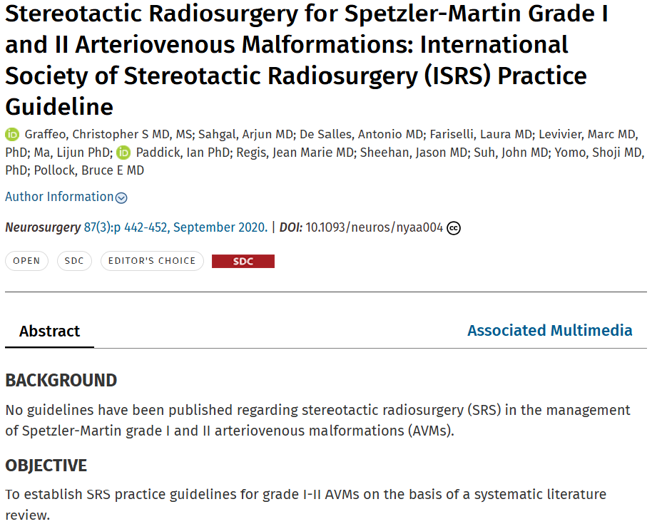 Screenshot of an academic journal article titled 'Stereotactic Radiosurgery for Spetzler-Martin Grade I and II Arteriovenous Malformations: International Society of Stereotactic Radiosurgery (ISRS) Practice Guideline.' The authors are listed below the title, and the article is published in Neurosurgery, September 2020.