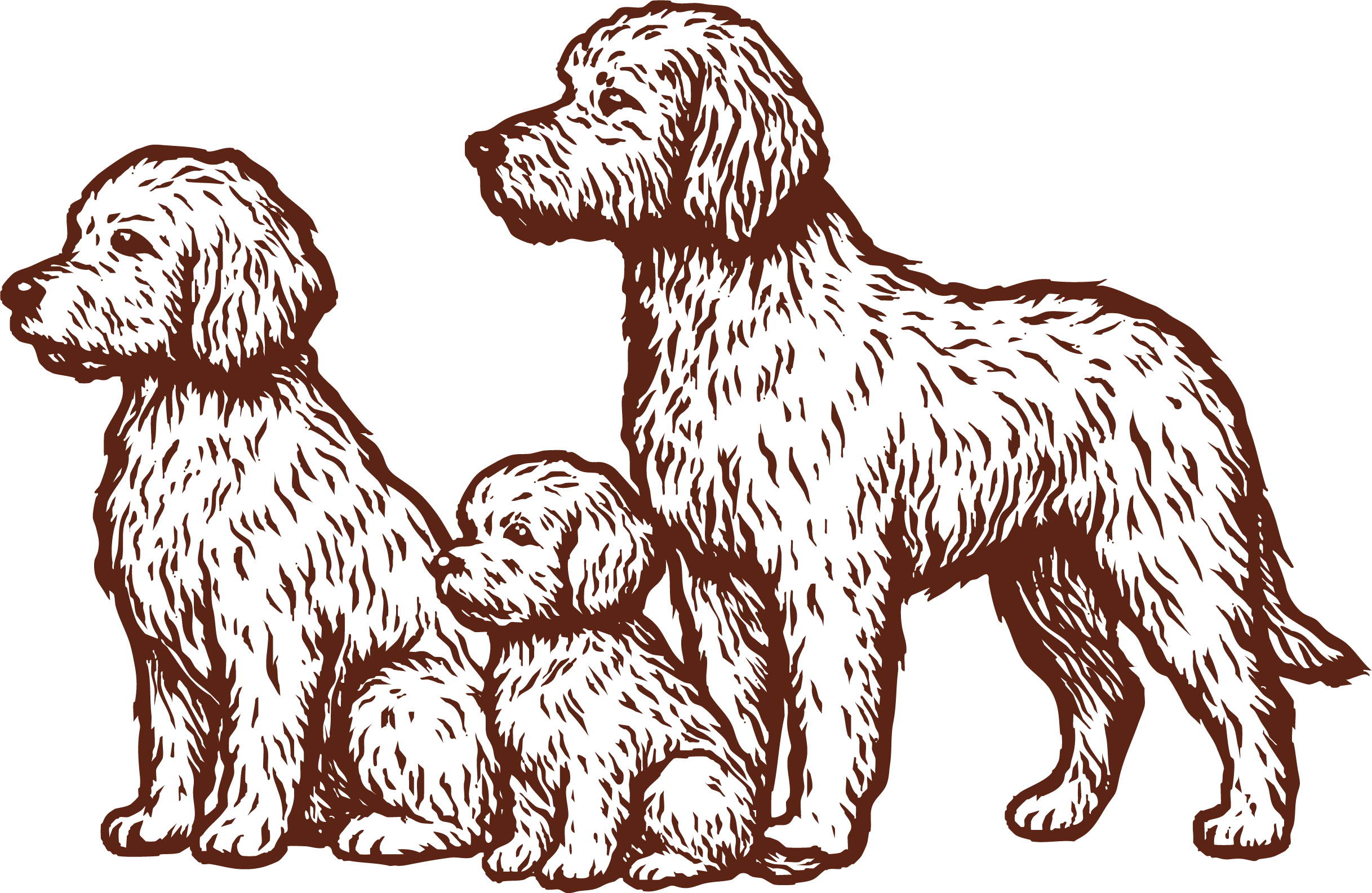 Illustration of three brown dogs, a large adult and two smaller puppies, standing against a black background.