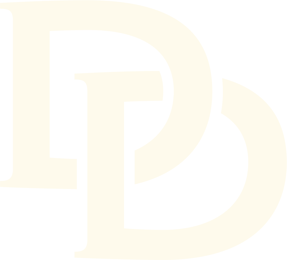 Close-up of a stylized black and white logo with overlapping letters 'L' and 'D'.