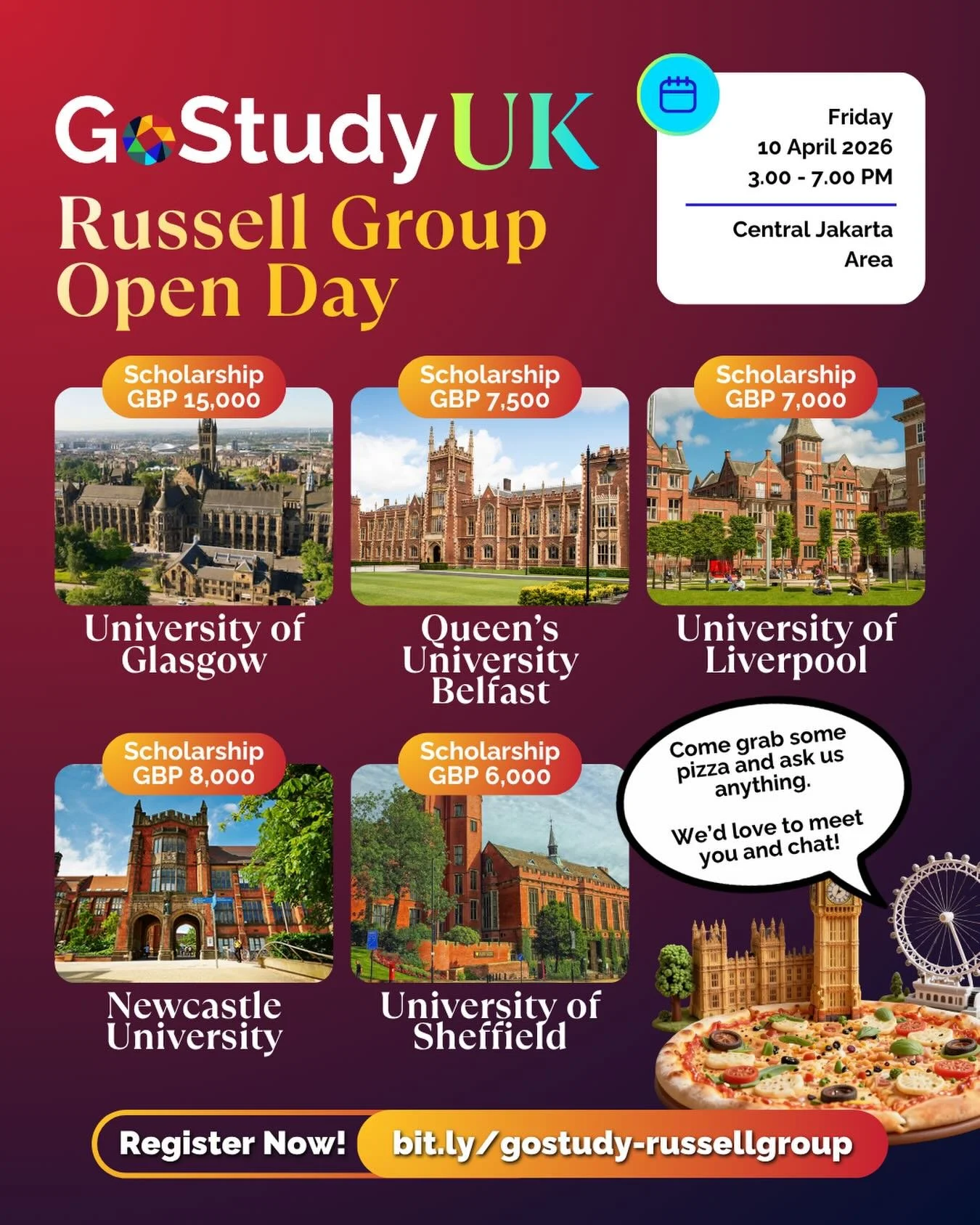 Join our Russell Group Open Day and get the chance to explore scholarship opportunities from 5 top UK universities! 🍕🇬🇧

Just a relaxed session where you can ask anything and get honest answers from the university representatives! 🤓

📍 Central J