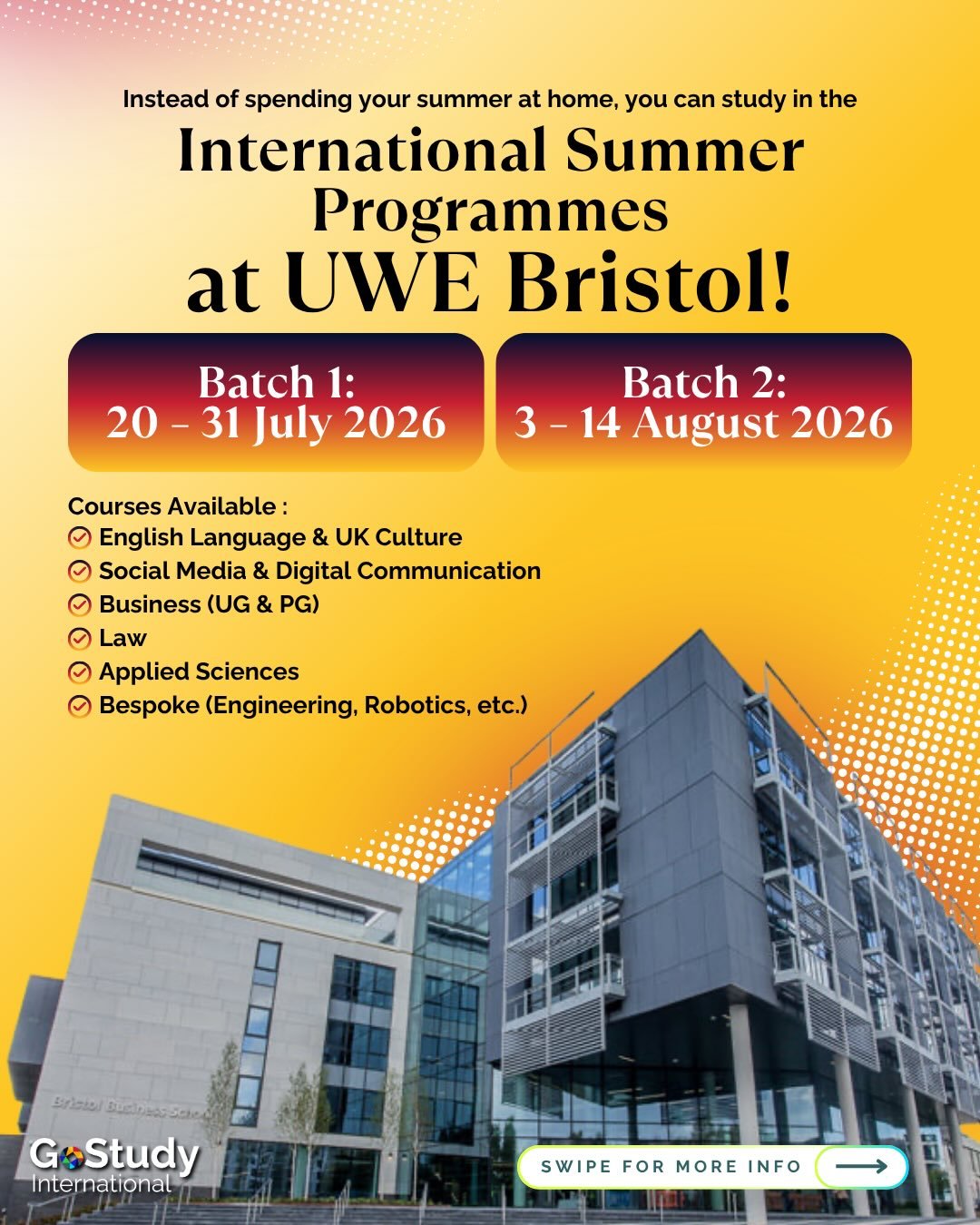 Ready to turn your summer into something bigger? ☀️

UWE Bristol Summer School 2026 is more than just studying, it&rsquo;s about experiencing the UK, building global connections, and exploring top cities like London, Oxford, and Bath.

With courses i