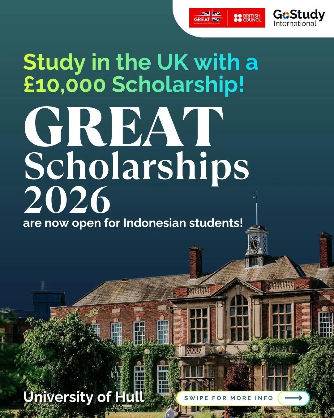 Thinking about studying in the UK? This could be your opportunity.

The University of Hull, in partnership with the British Council and the GREAT Britain Campaign, is offering GREAT Scholarships 2026 for international students, including Indonesia.

