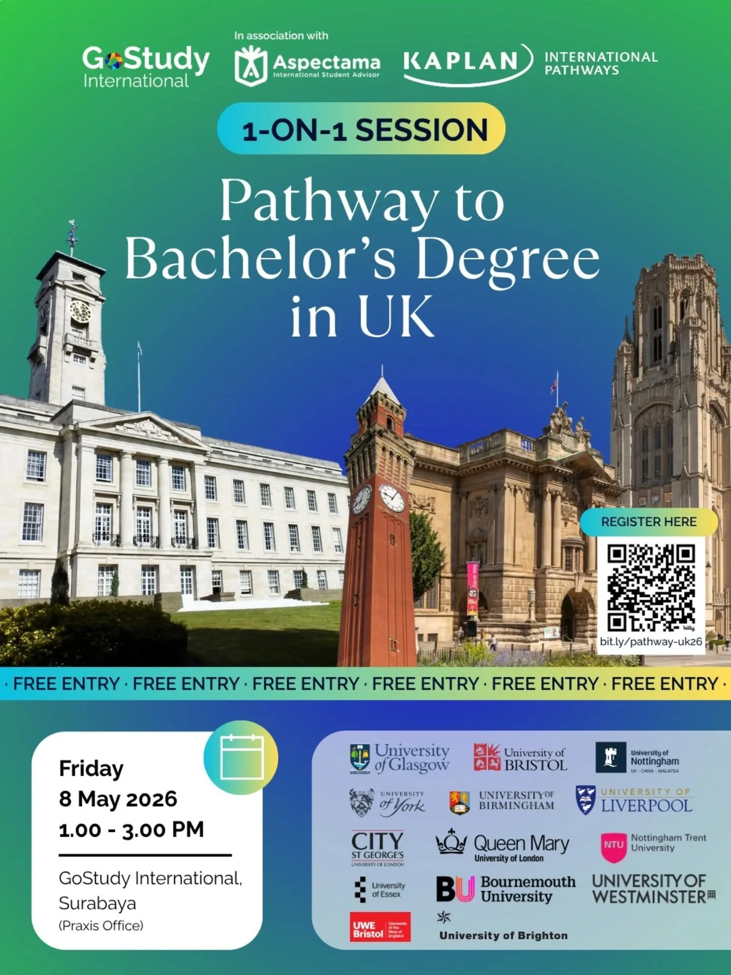 Consult with our Pathway Programme expert that helps you meet UK university entry requirements✨️

This session will be held on:

*[Free Entry]*

🗓Friday, 8 May 2026
🕙1.00 - 3.00 PM
📍GoStudy Surabaya - Praxis Office

✅️Kindly register here: bit.ly/