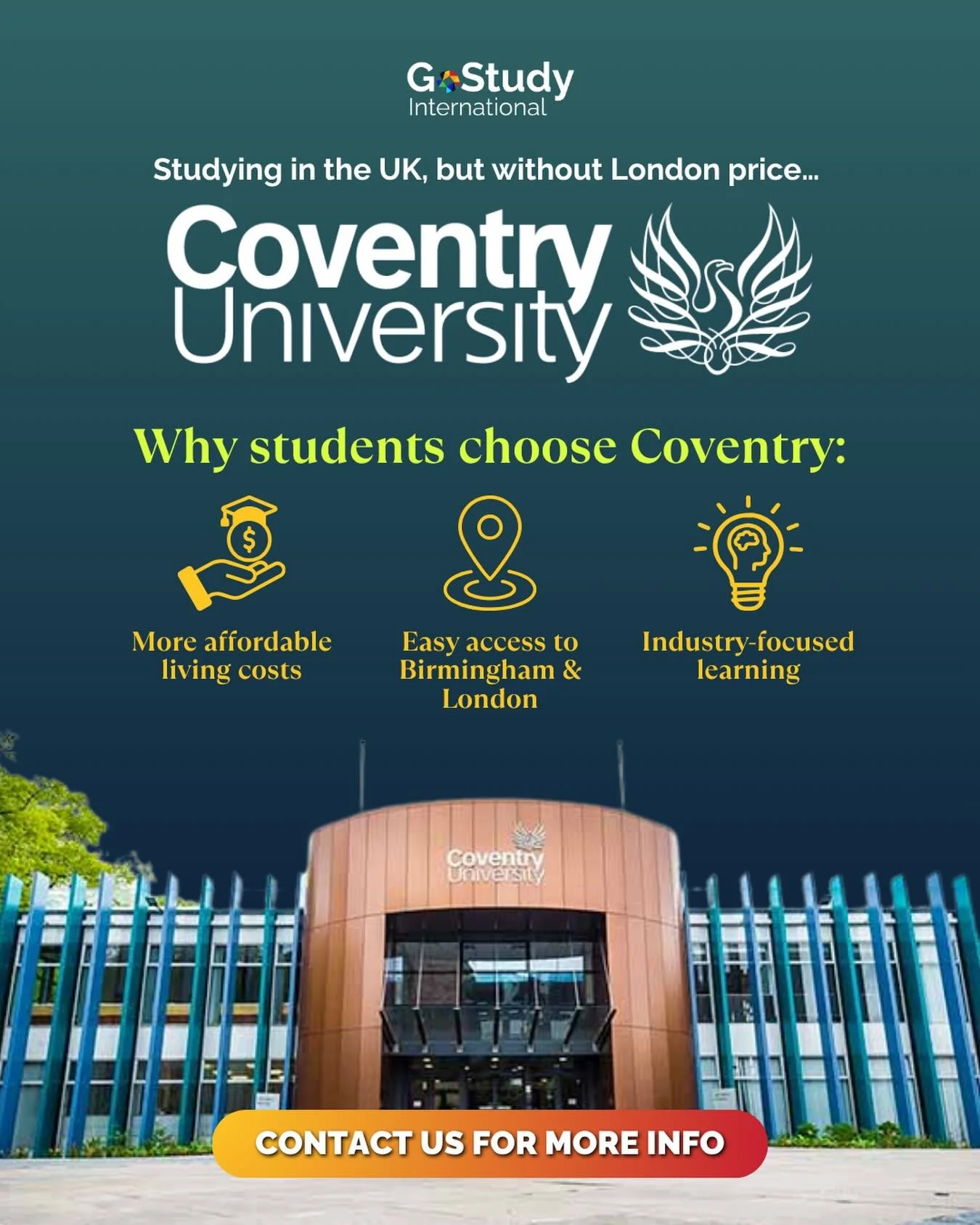 Dreaming of studying in the UK, but worried about the cost? 😔✨

Coventry University could be the perfect balance: a recognised UK degree, a student-friendly city, and living costs that are often more affordable than London.

Thinking about studying 