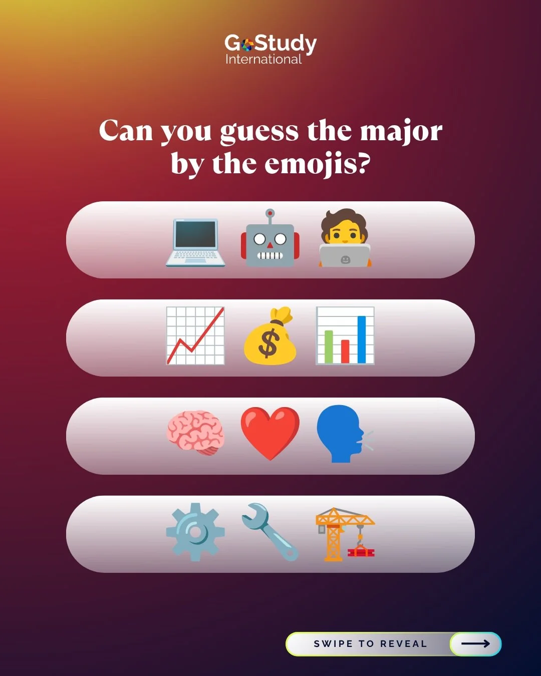 Think you can guess the major from just 3 emojis? 👀🎨
Let&rsquo;s see if you&rsquo;re actually right 👇

Drop your answer in the comments! 🎓✨

#StudyinUK #RussellGroup #GREATScholarships #GREATUK #studyinireland