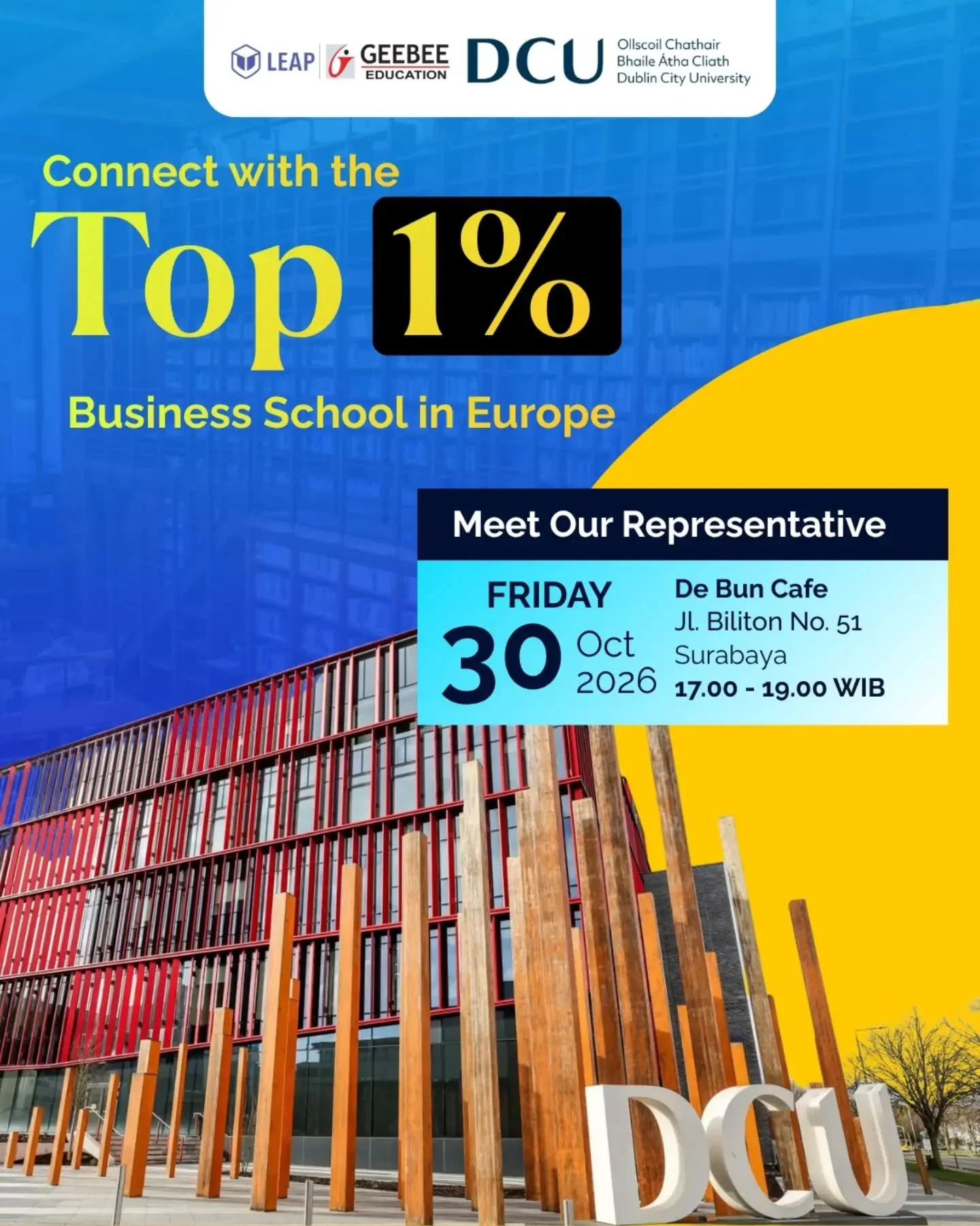 🇮🇪☘️ START YOUR CAREER IN EUROPE WITH DCU!

Interested in studying in Ireland? Join us for a sip and talk with Dublin City University (DCU)!

Learn more about DCU&rsquo;s study programmes, student life in Dublin, and opportunities to pursue your hi