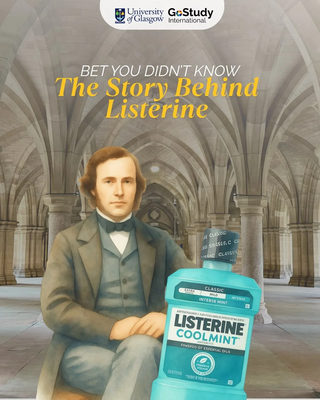 Bet you didn't know that Listerine has a connection with the University of Glasgow!🤔

The story behind its name goes back to Joseph Lister, a british surgeon and also was a professor at the University of Glasgow 🏴󠁧󠁢󠁳󠁣󠁴󠁿✨

Got another funfact 