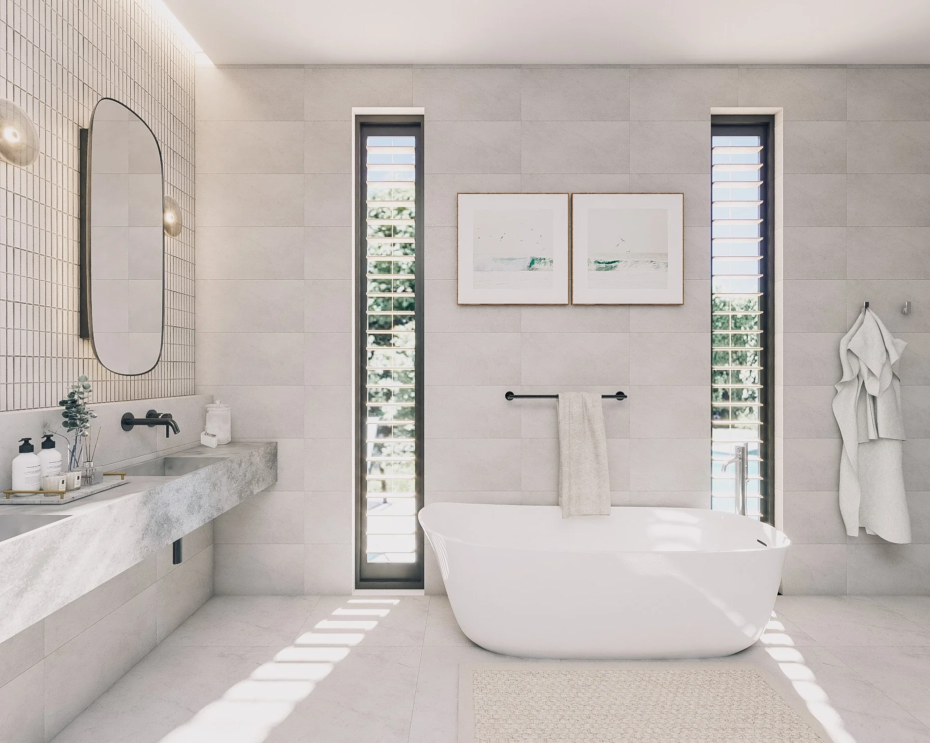 Freestanding bathtub between tall louvred windows in a calm modern bathroom