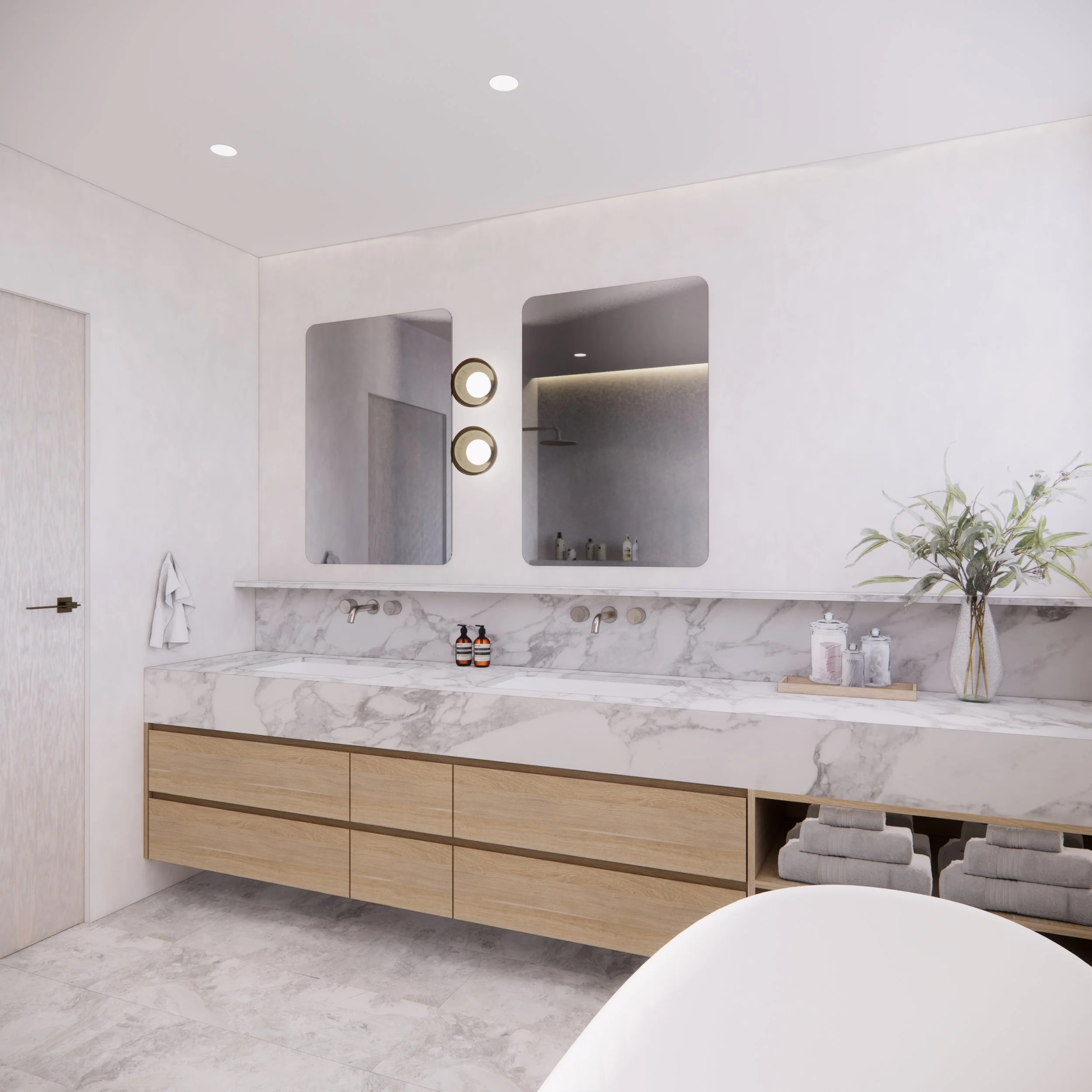 A serene, modern bathroom with marble surfaces and soft timber detailing, part of TID Studio’s Sydney renovation