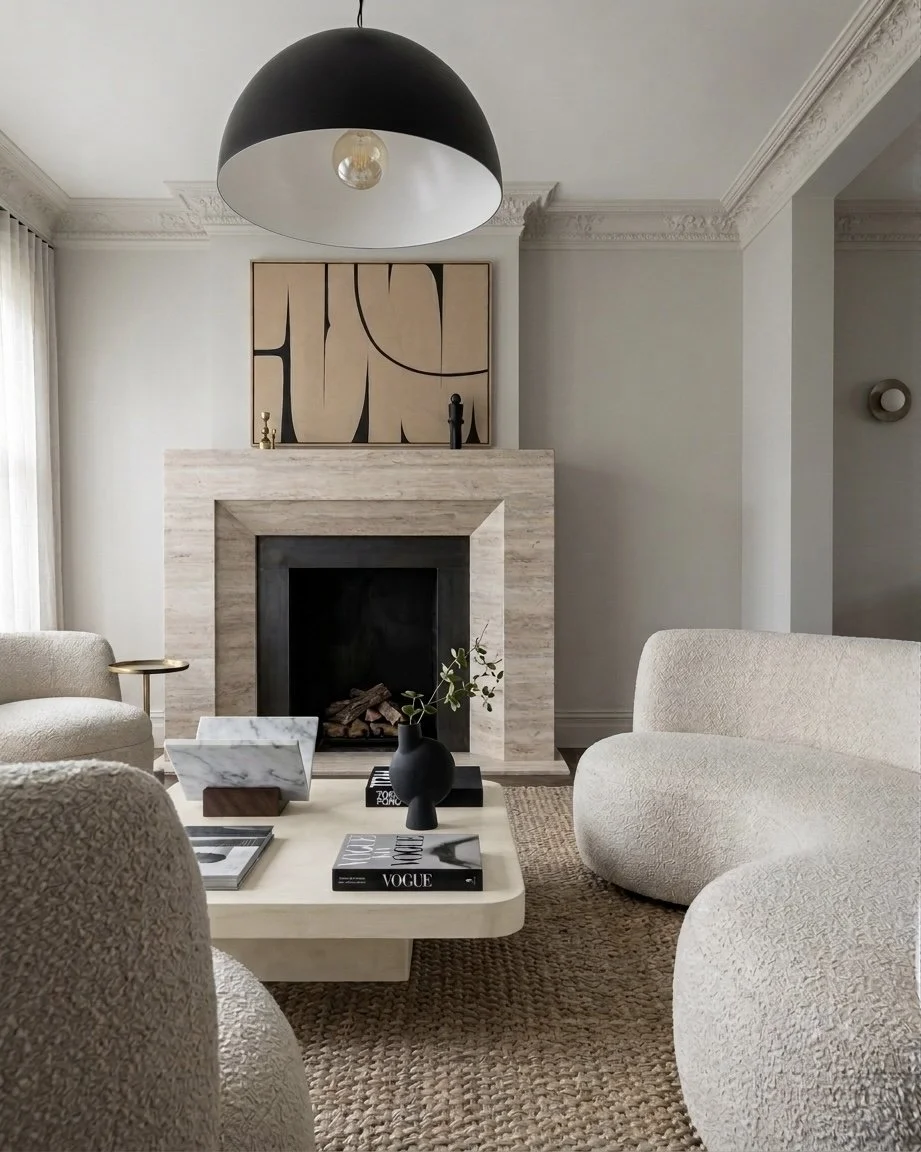 Lounge area with curved sofas and integrated bar shelves in modern Sydney terrace renovation