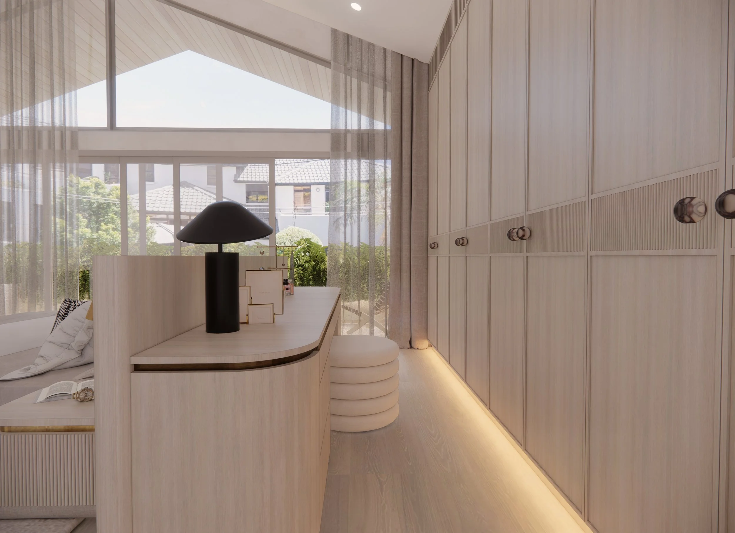 Master suite showing walk-in robe entrance, soft plaster curves and layered lighting — Auriga Residence by TID Studio, Brisbane
