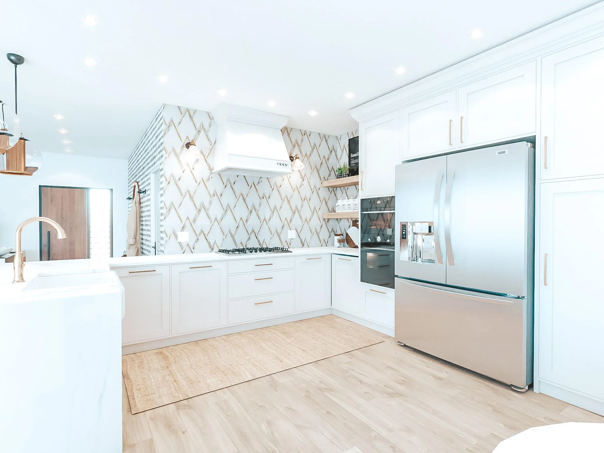 White Hamptons kitchen with shaker cabinetry and coastal pendant lighting
