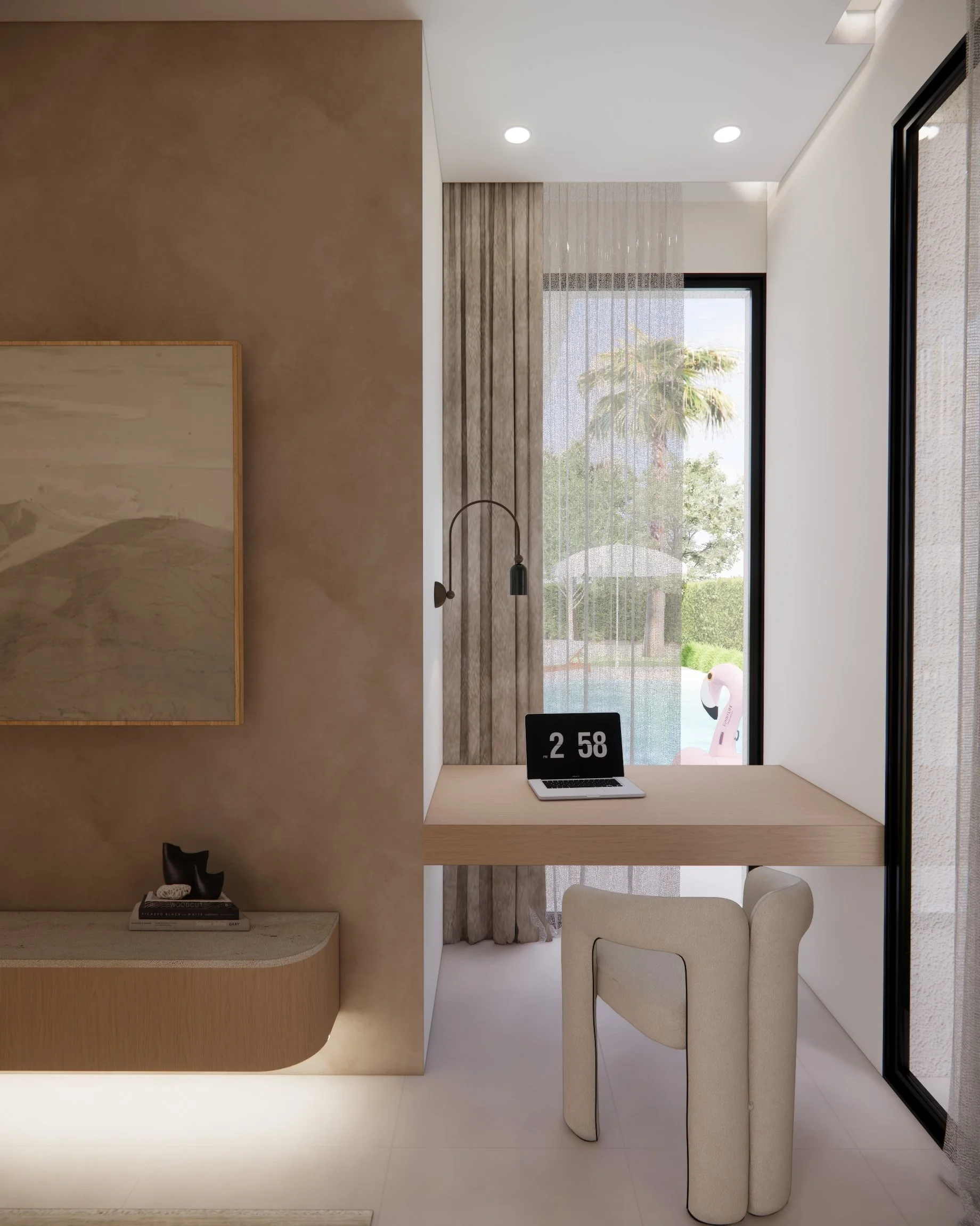 Soft neutral study, home office with custom curved headboard, sheer drapery, and warm minimal styling designed by TID Studio in Sydney