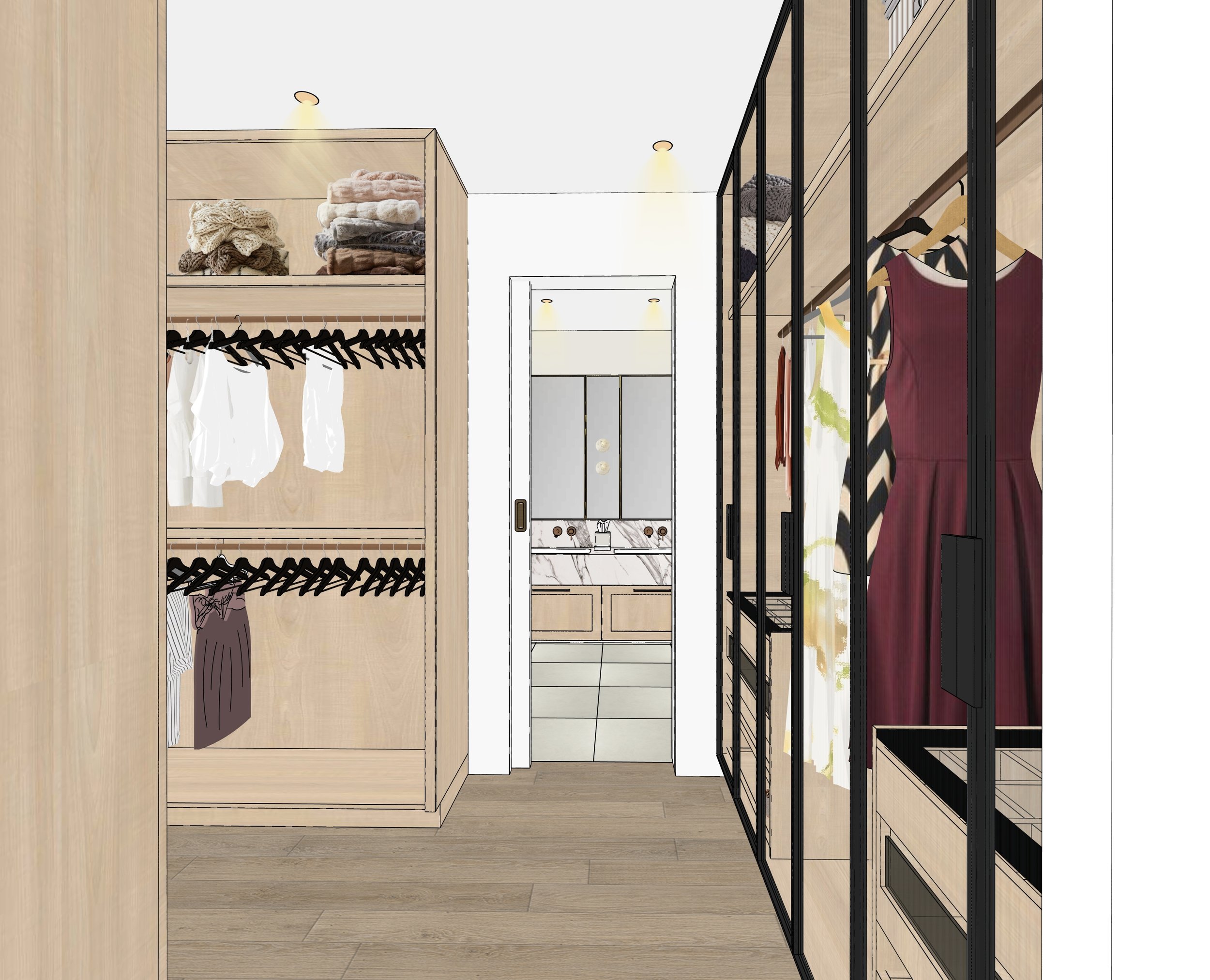 Custom walk-in robe with fluted glass wardrobes, integrated lighting and bespoke storage designed by TID Studio