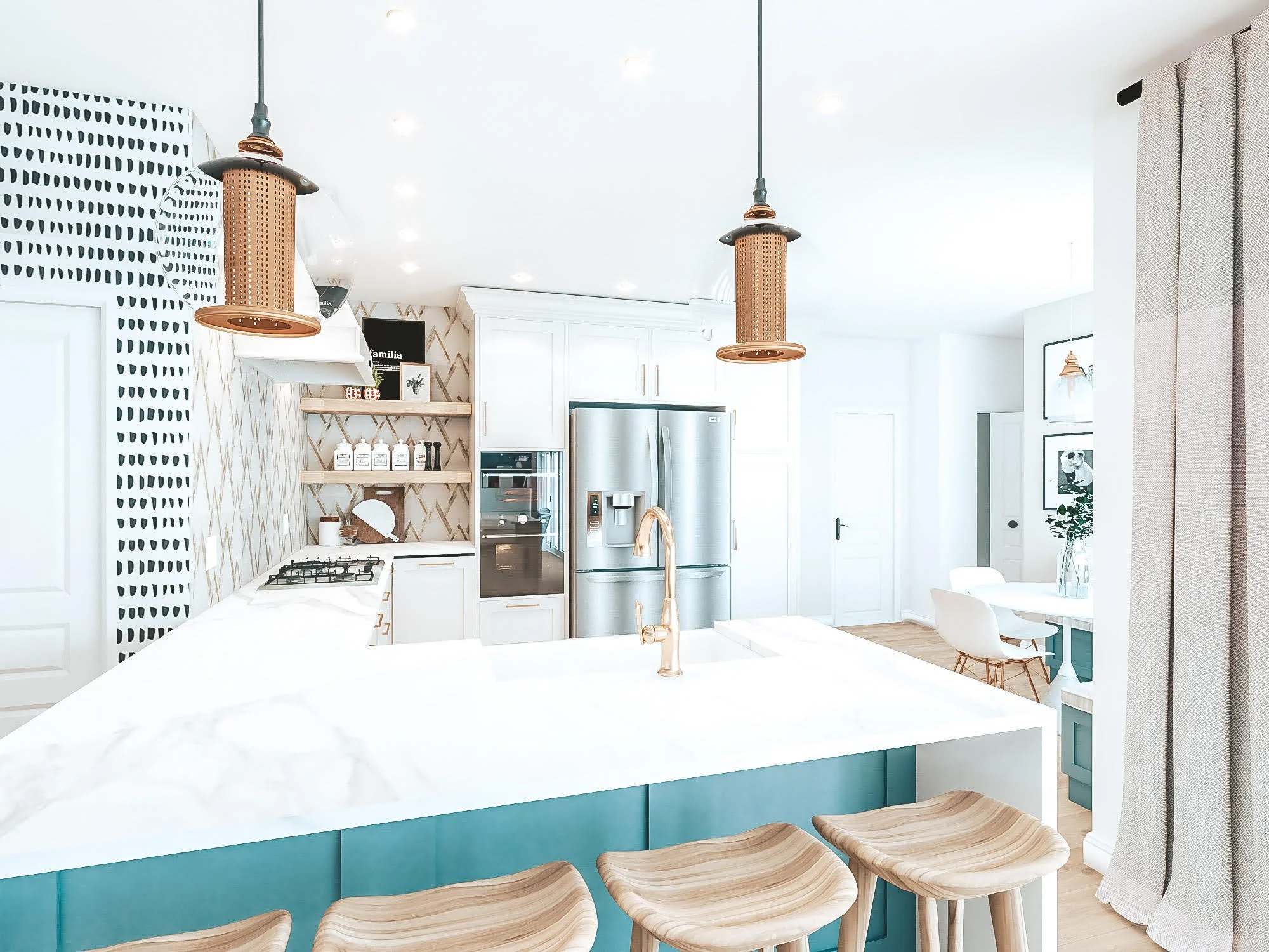 Coastal Hamptons living room with custom cabinetry and warm neutral palette