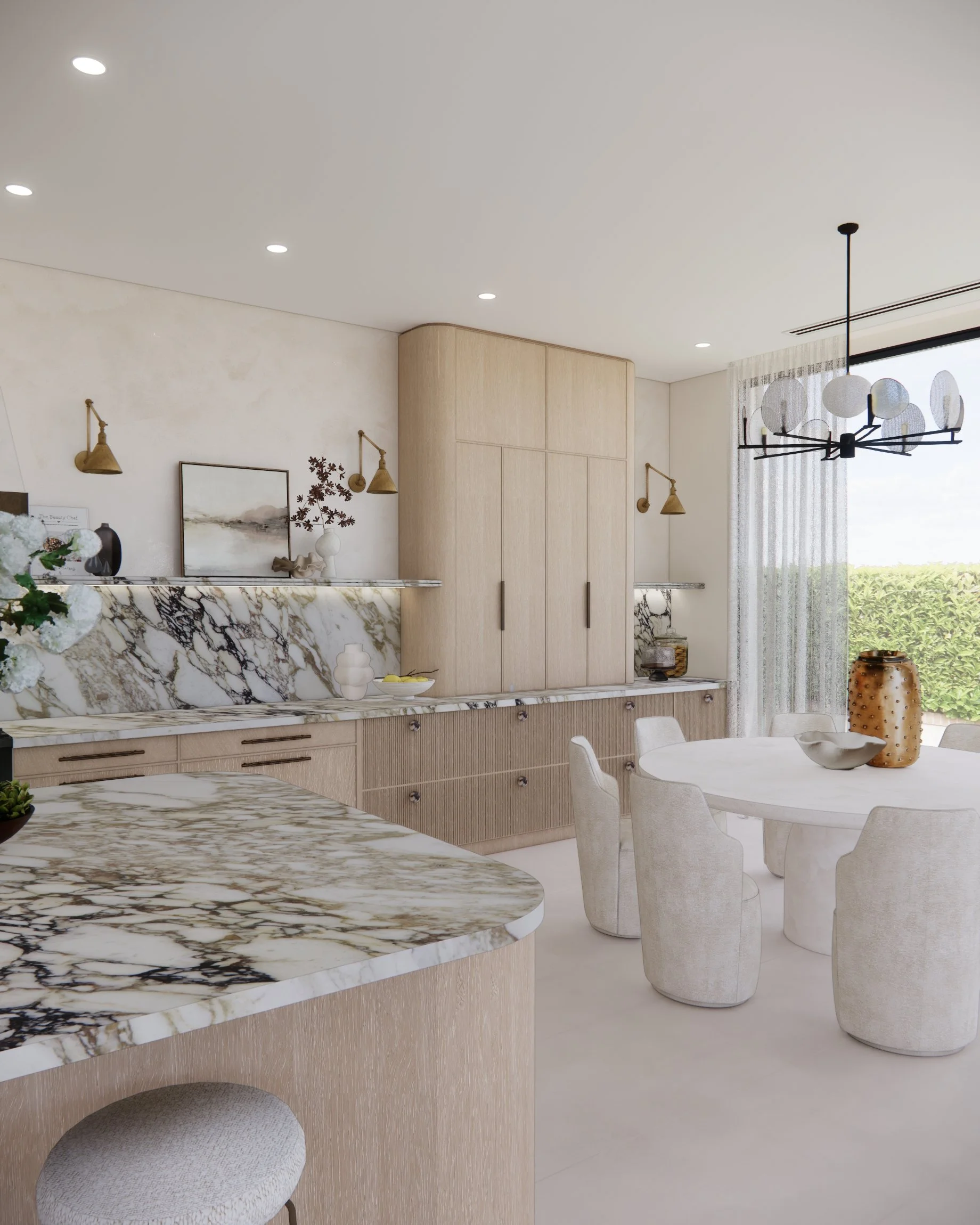 Light-filled kitchen and dining area featuring dramatic marble splashback and sculptural dining chairs in a Sydney new-build