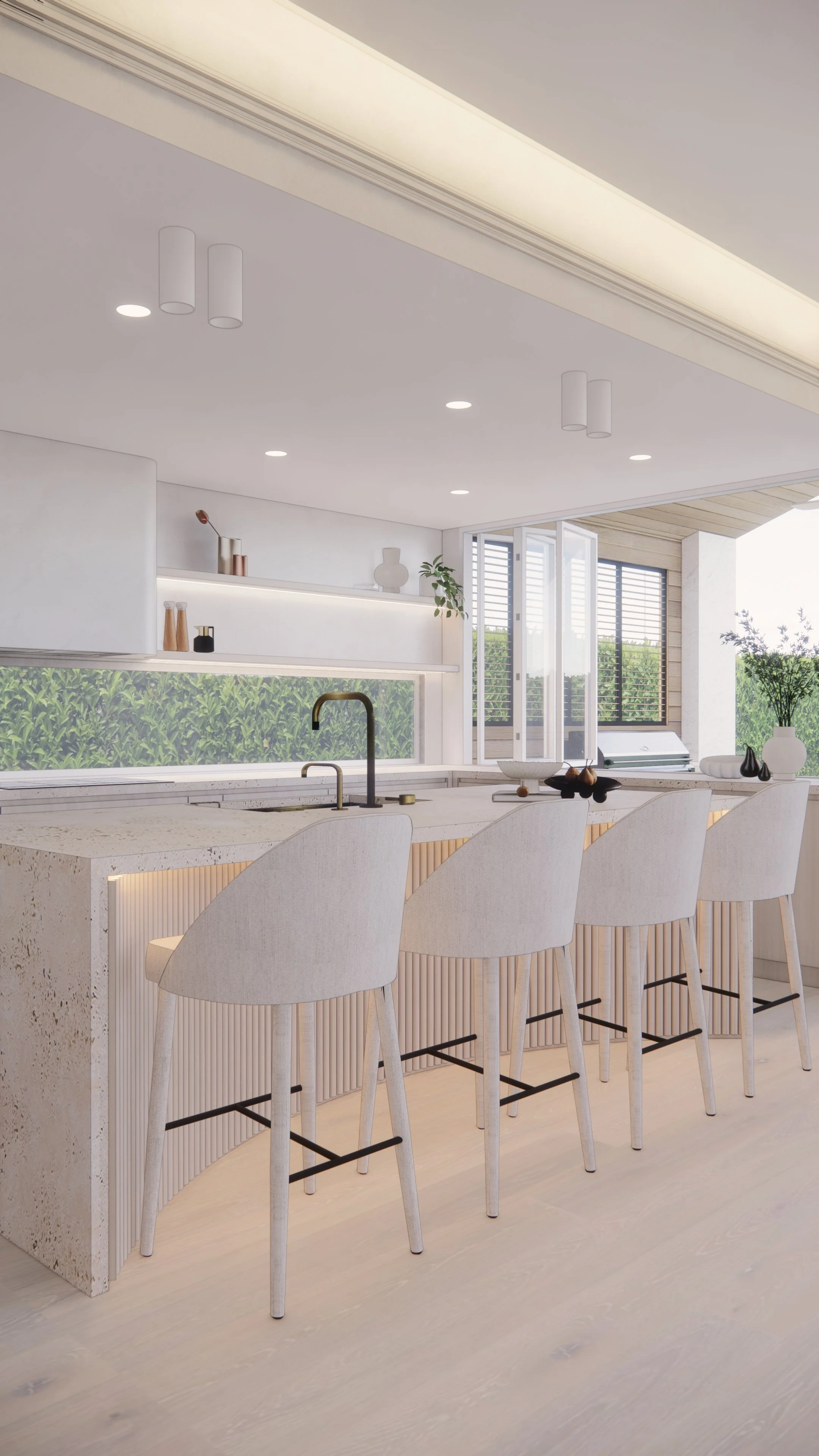 Modern coastal kitchen featuring a curved stone island, light timber cabinetry and neutral palette — Auriga Residence by TID Studio, Brisbane